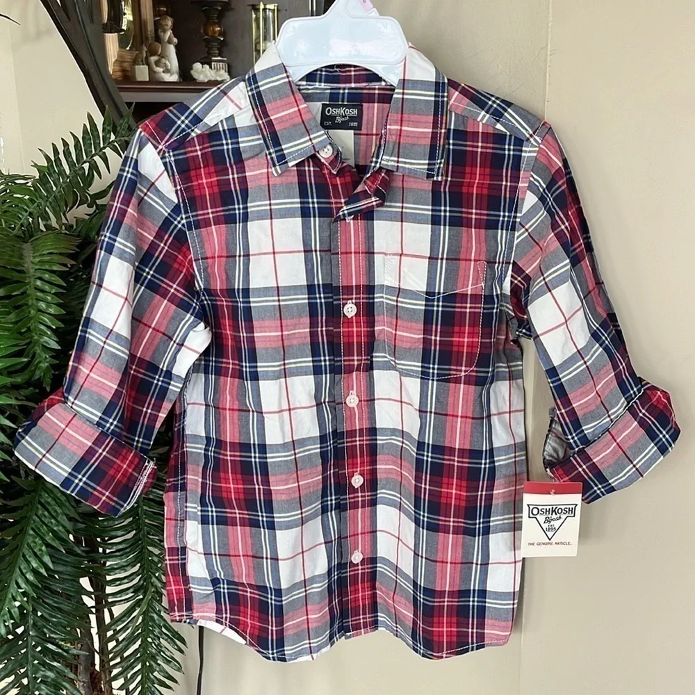 Brand New OshKosh B’Gosh Plaid Button Down Shirt Collared Cotton Long Sleeve